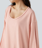 Scoop Neck Long Sleeve Waffle Casual Sweatshirt — Pearl Blush — view 4