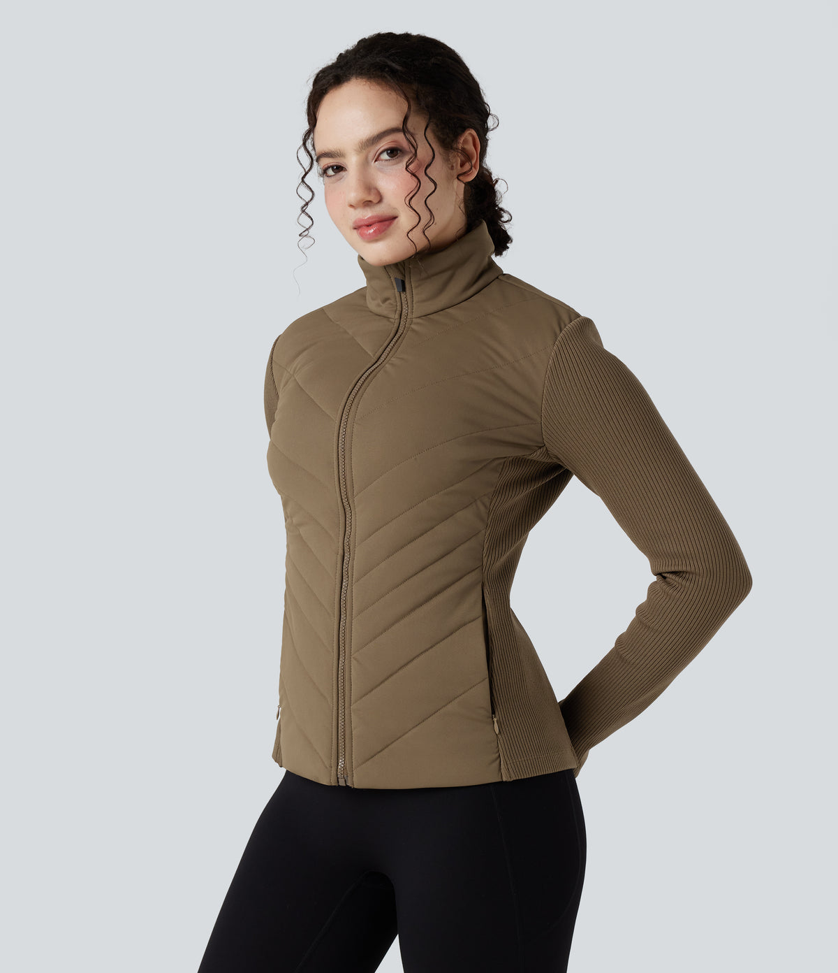 High-neck Contrast Ribbed Slim Casual Quilted Jacket with Pockets — Chestnut Brown — view 3