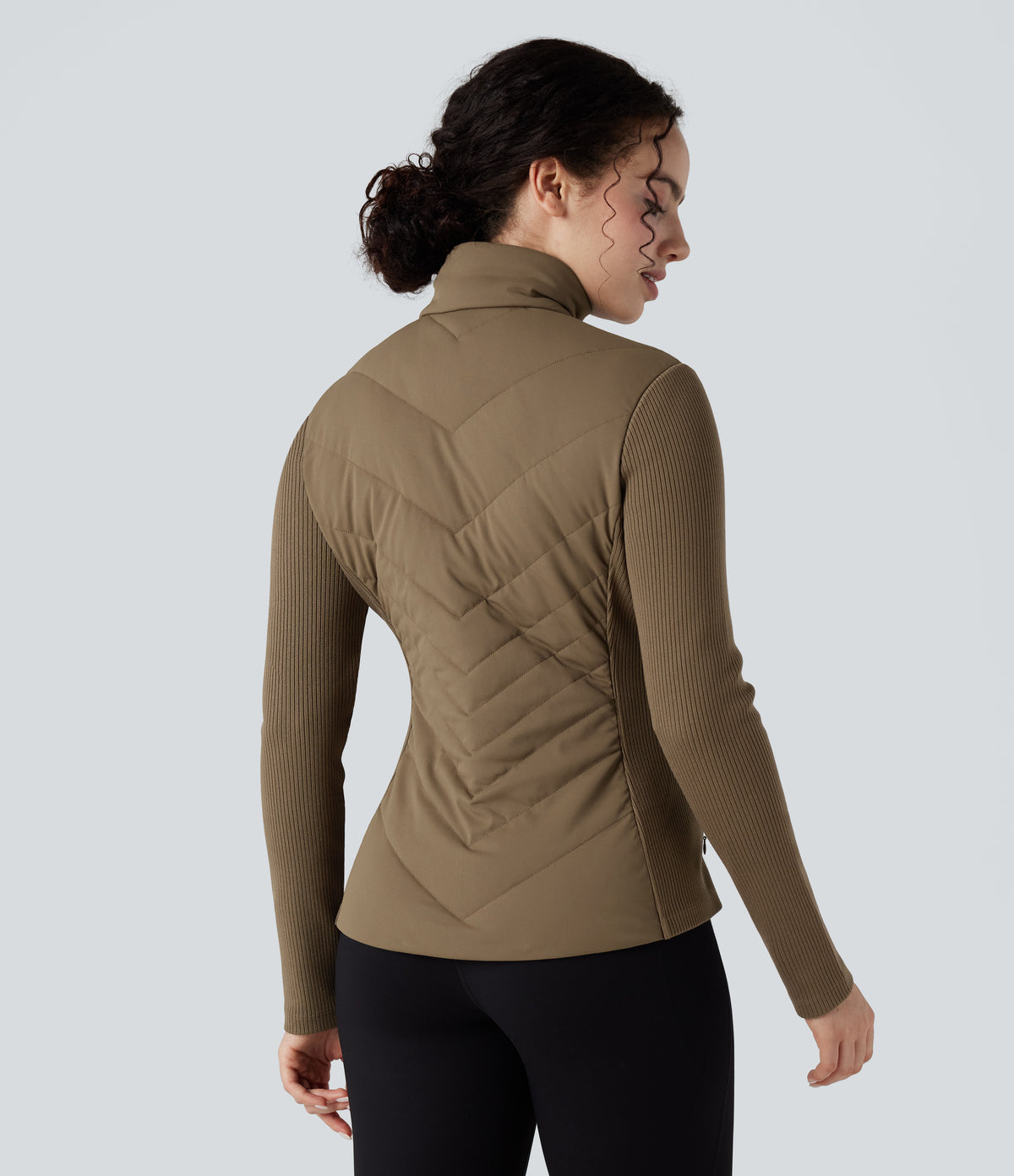 High-neck Contrast Ribbed Slim Casual Quilted Jacket with Pockets — Chestnut Brown — view 2