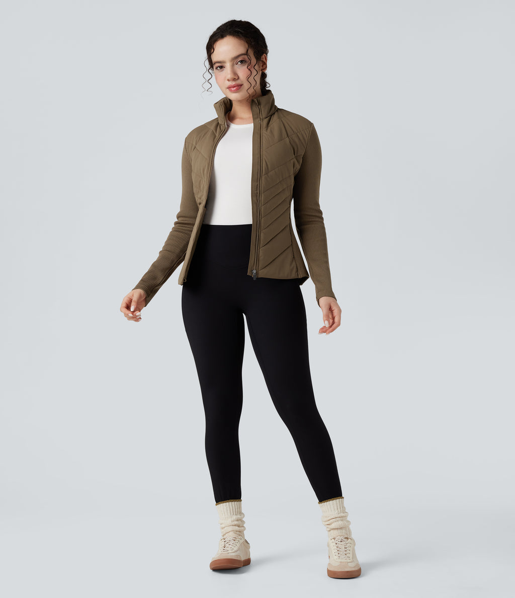 High-neck Contrast Ribbed Slim Casual Quilted Jacket with Pockets — Chestnut Brown — view 7