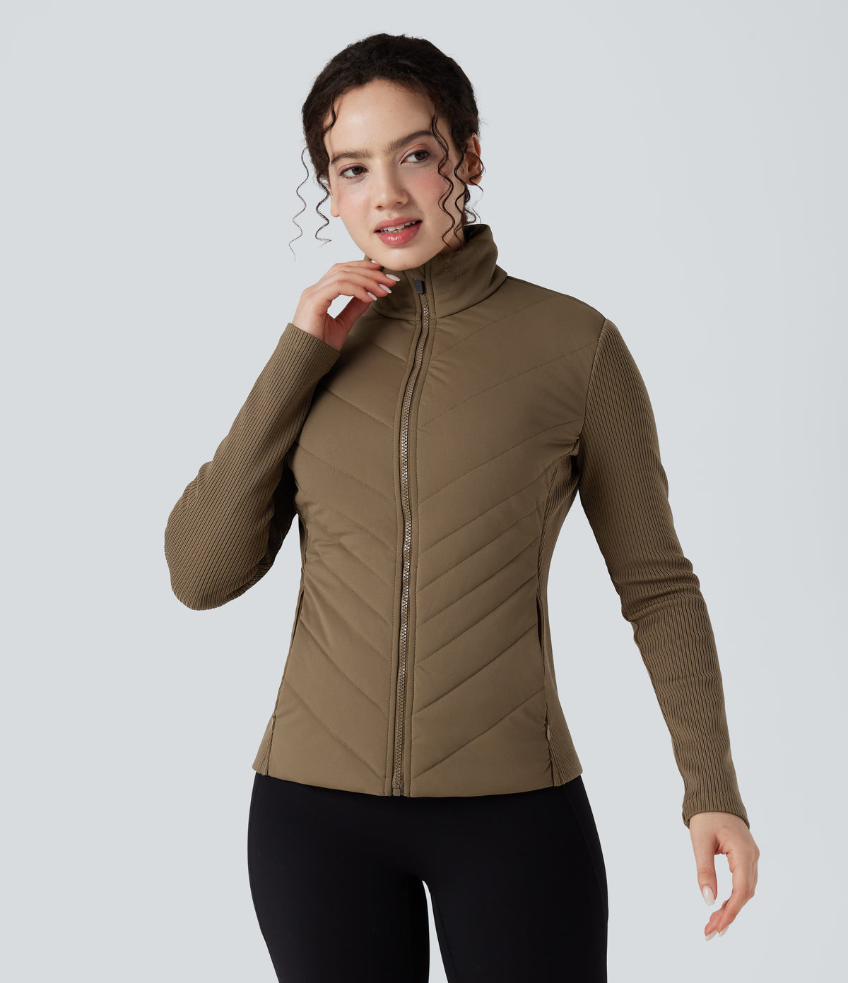 High-neck Contrast Ribbed Slim Casual Quilted Jacket with Pockets — Chestnut Brown — view 1
