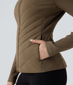 High-neck Contrast Ribbed Slim Casual Quilted Jacket with Pockets — Chestnut Brown — view 6