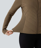 High-neck Contrast Ribbed Slim Casual Quilted Jacket with Pockets — Chestnut Brown — view 4