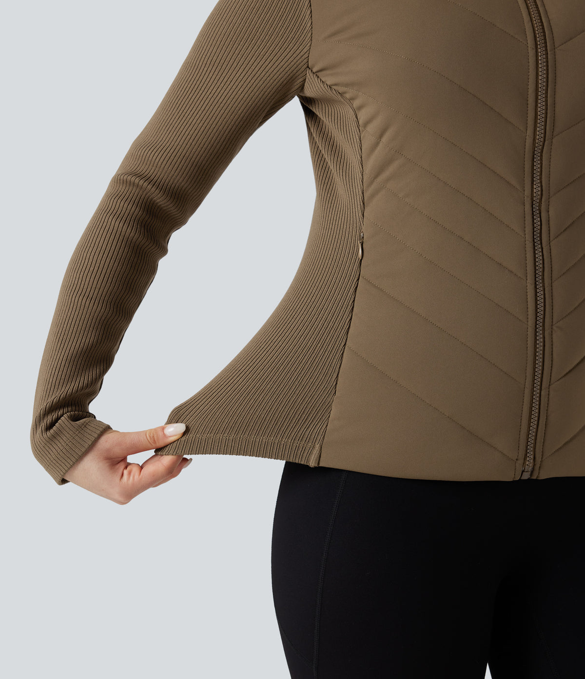 High-neck Contrast Ribbed Slim Casual Quilted Jacket with Pockets — Chestnut Brown — view 4
