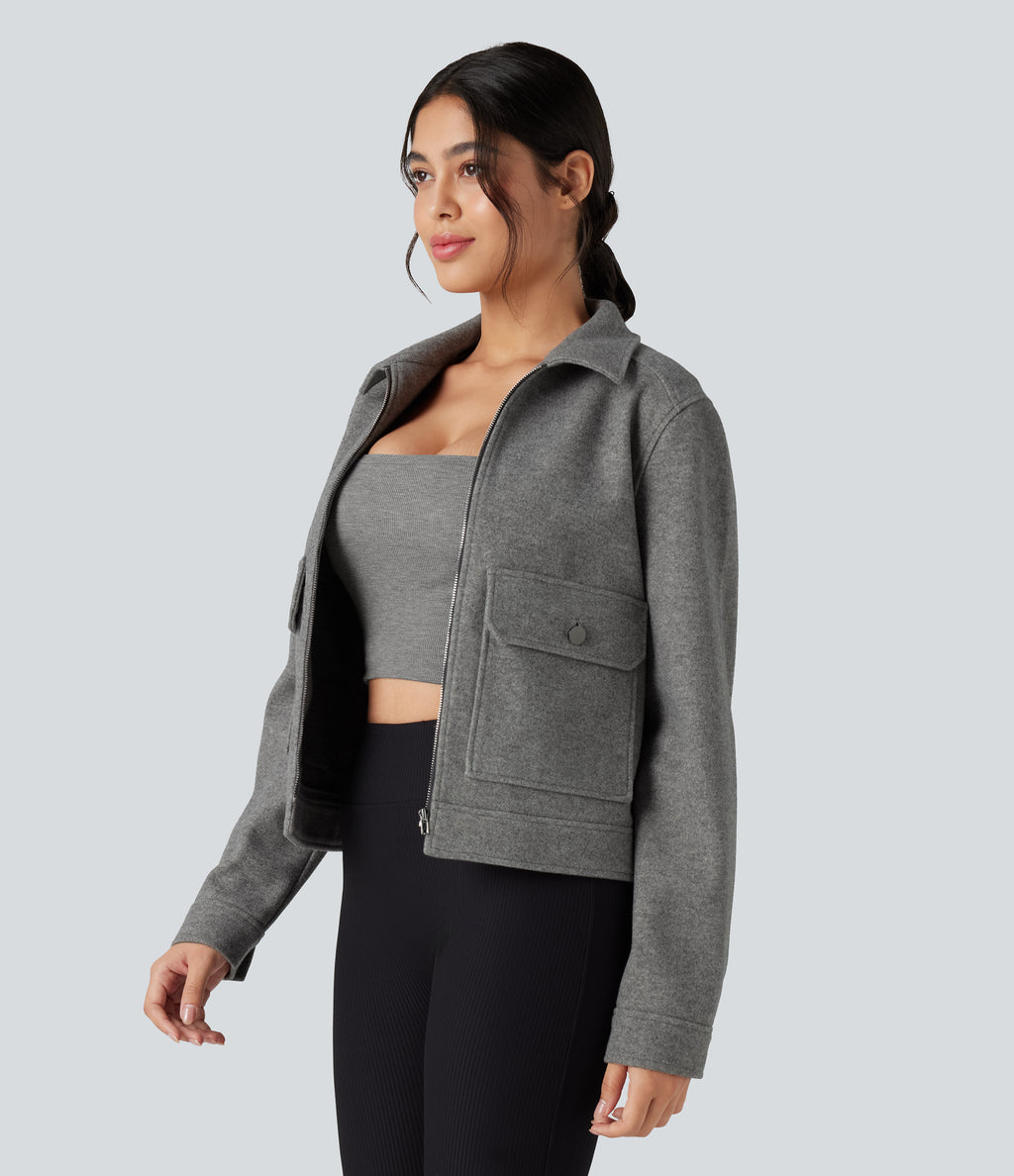 Long Sleeve Zipper Fleece Casual Jacket with Pockets — Charcoal Grey — view 3