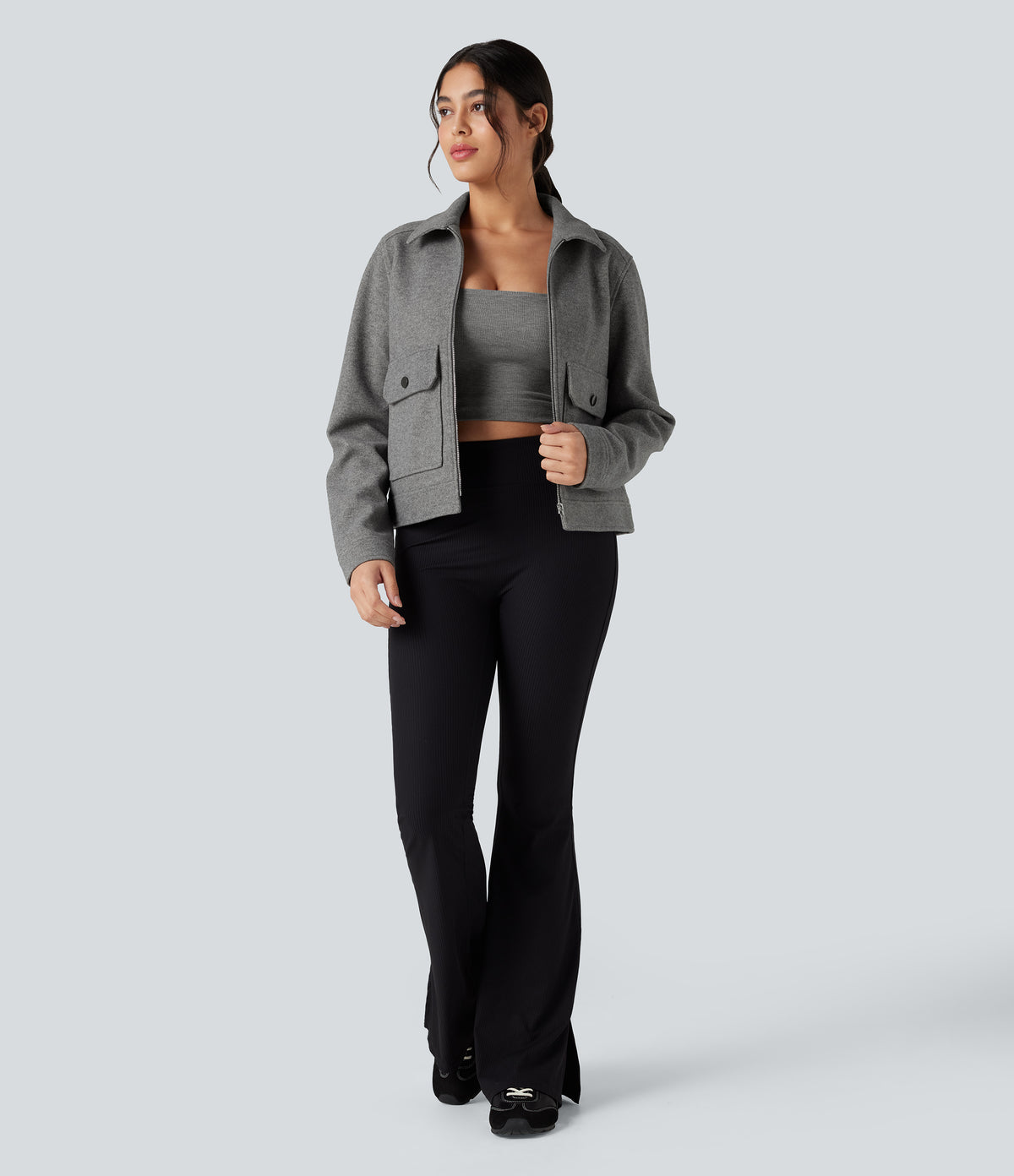 Long Sleeve Zipper Fleece Casual Jacket with Pockets — Charcoal Grey — view 6