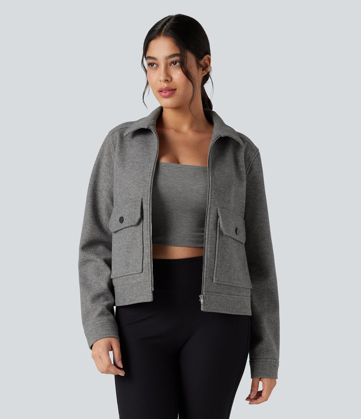 Long Sleeve Zipper Fleece Casual Jacket with Pockets — Charcoal Grey — view 1
