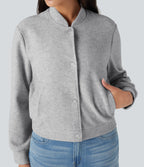 Stand Collar Long Sleeve Fleece Casual Bomber Jacket with Pockets — Marble Grey — view 4
