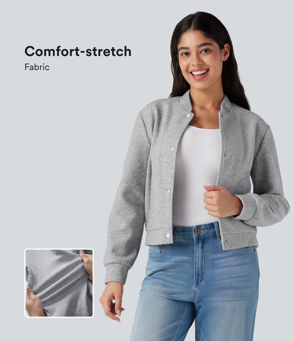 Stand Collar Long Sleeve Fleece Casual Bomber Jacket with Pockets — Marble Grey — view 1