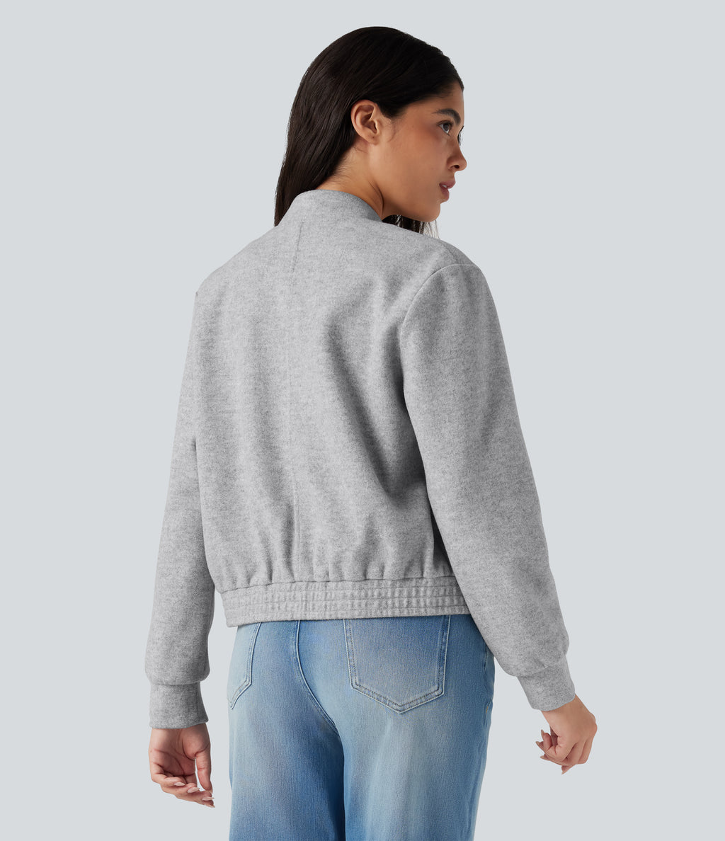 Stand Collar Long Sleeve Fleece Casual Bomber Jacket with Pockets — Marble Grey — view 2