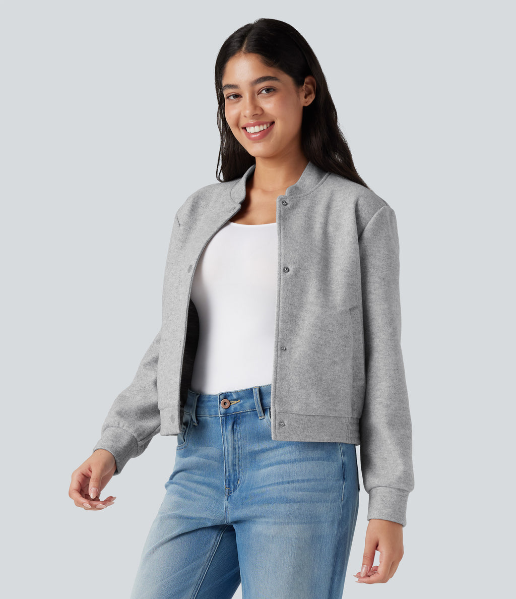 Stand Collar Long Sleeve Fleece Casual Bomber Jacket with Pockets — Marble Grey — view 3