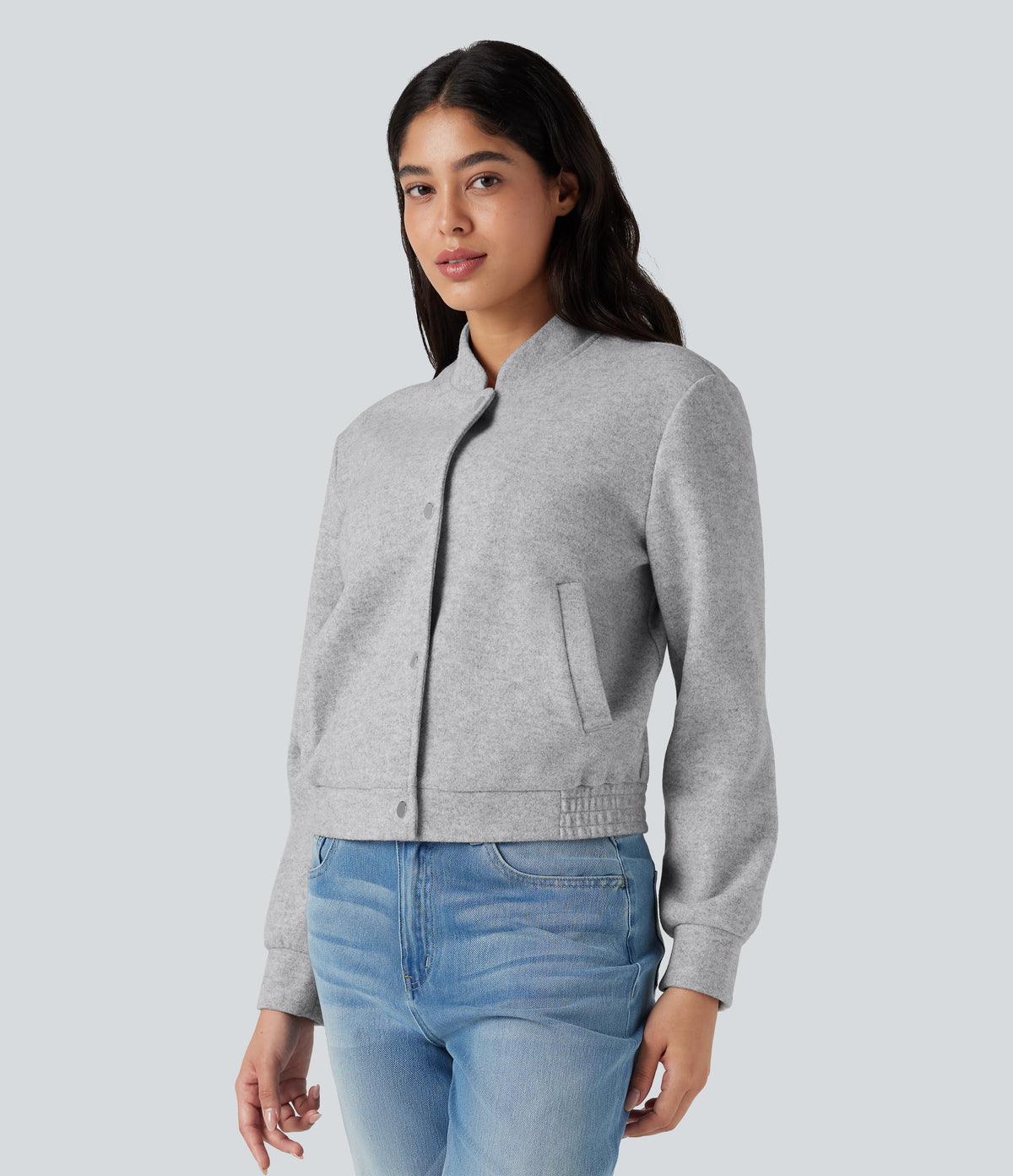 Stand Collar Long Sleeve Fleece Casual Bomber Jacket with Pockets — Marble Grey — view 5
