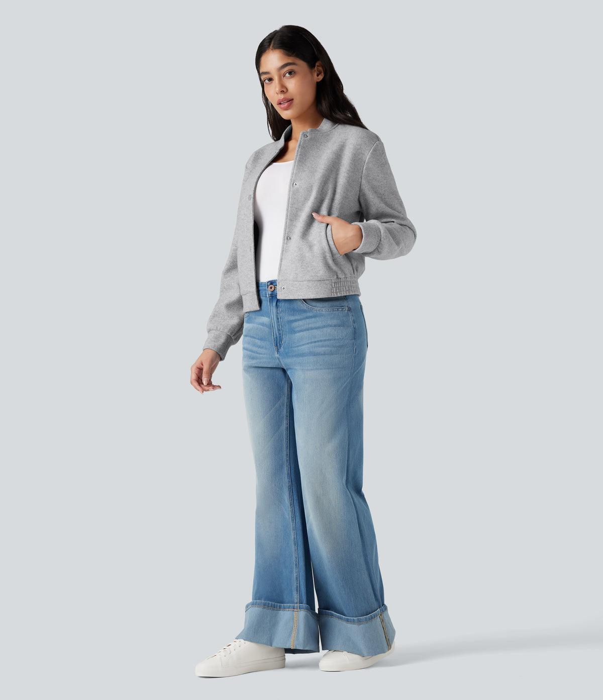 Stand Collar Long Sleeve Fleece Casual Bomber Jacket with Pockets — Marble Grey — view 6