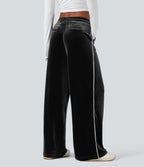 Mid Rise Drawstring Straight Leg Velvet Casual Trousers with Pockets — Black — view 2