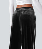 Mid Rise Drawstring Straight Leg Velvet Casual Trousers with Pockets — Black — view 4