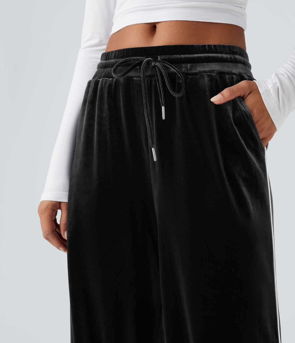 Mid Rise Drawstring Straight Leg Velvet Casual Trousers with Pockets — Black — view 5