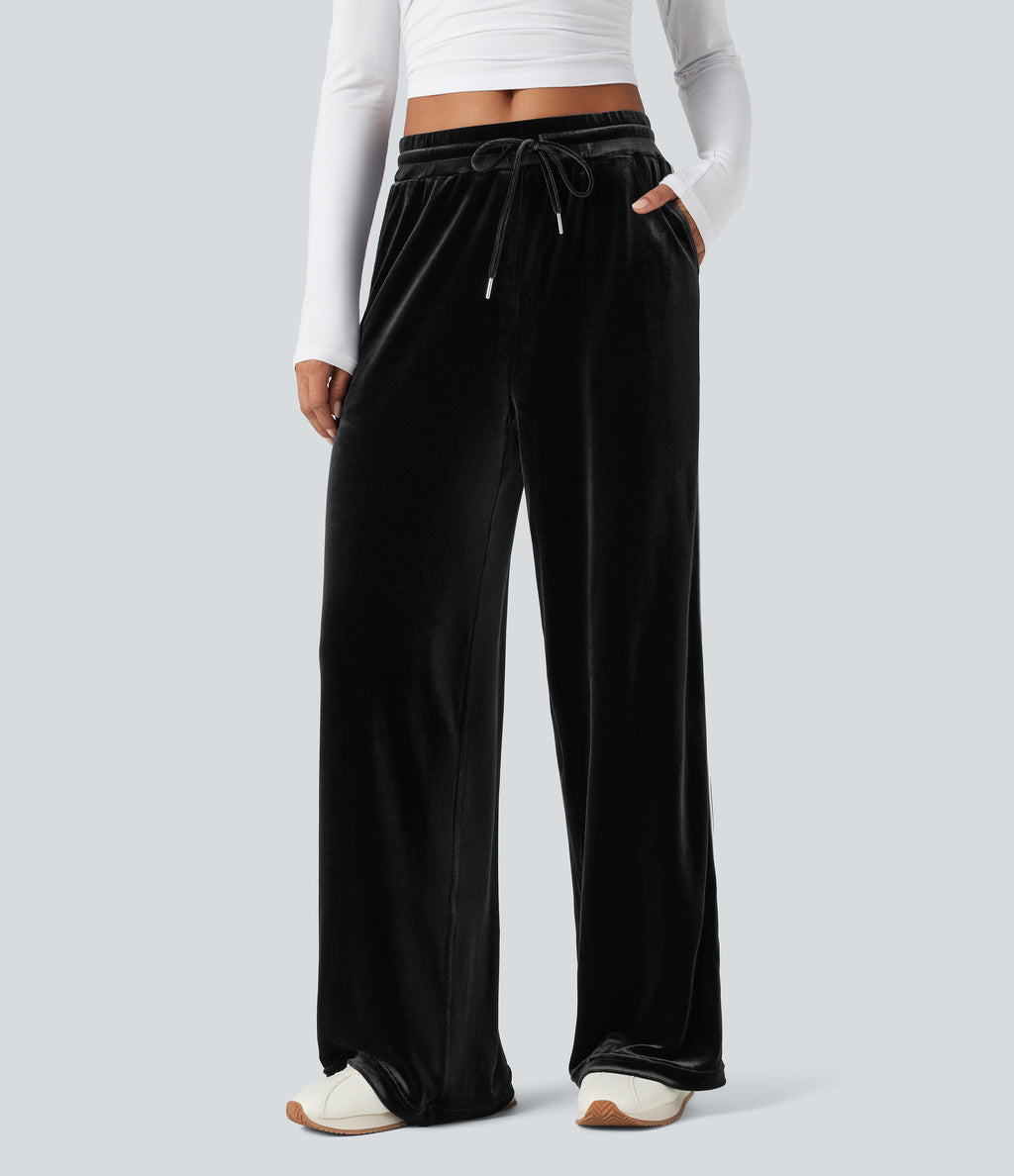 Mid Rise Drawstring Straight Leg Velvet Casual Trousers with Pockets — Black — view 3