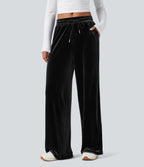 Mid Rise Drawstring Straight Leg Velvet Casual Trousers with Pockets — Black — view 3