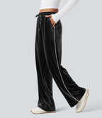 Mid Rise Drawstring Straight Leg Velvet Casual Trousers with Pockets — Black — view 1