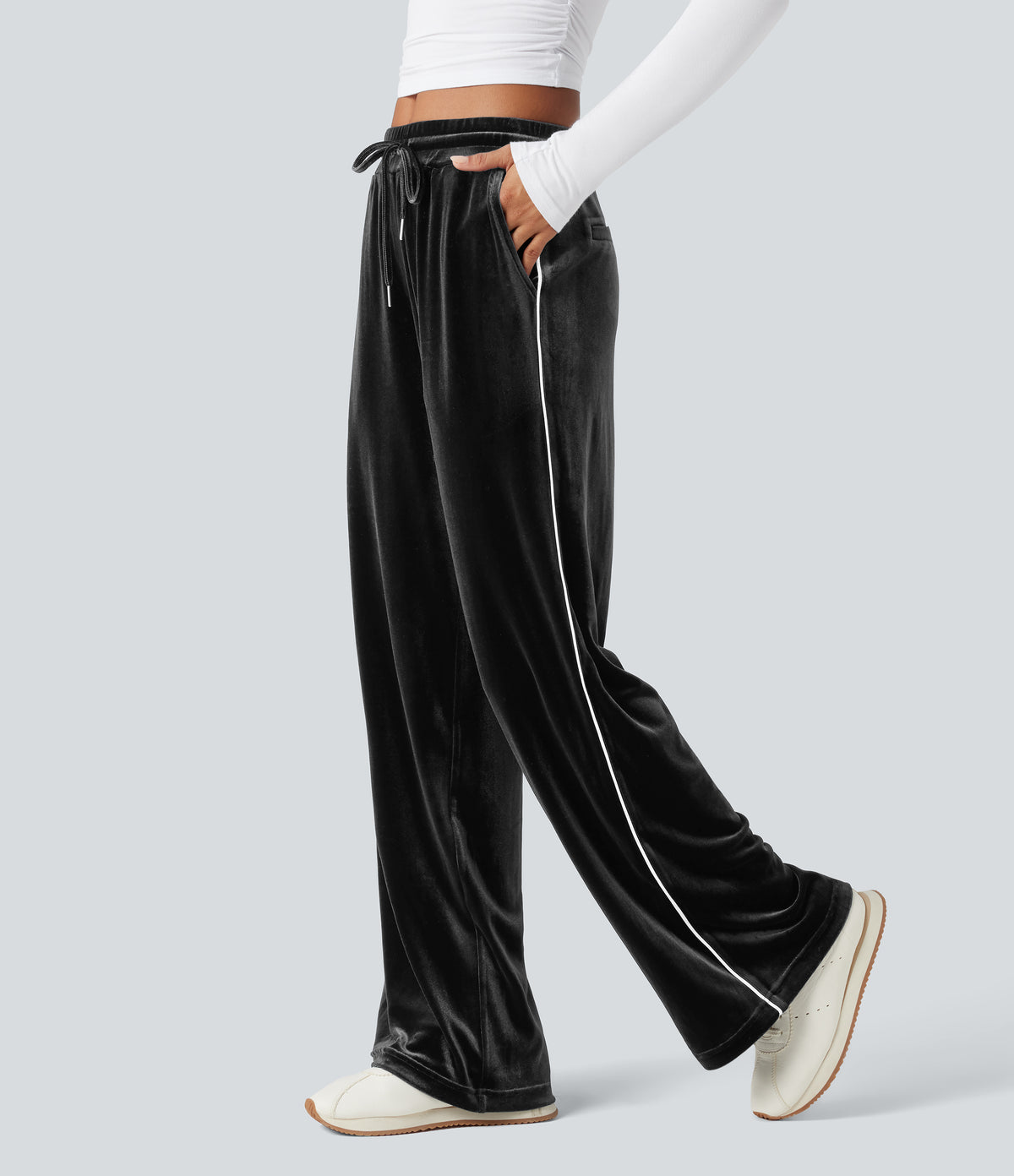 Mid Rise Drawstring Straight Leg Velvet Casual Trousers with Pockets — Black — view 1