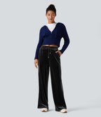 Mid Rise Drawstring Straight Leg Velvet Casual Trousers with Pockets — Black — view 6