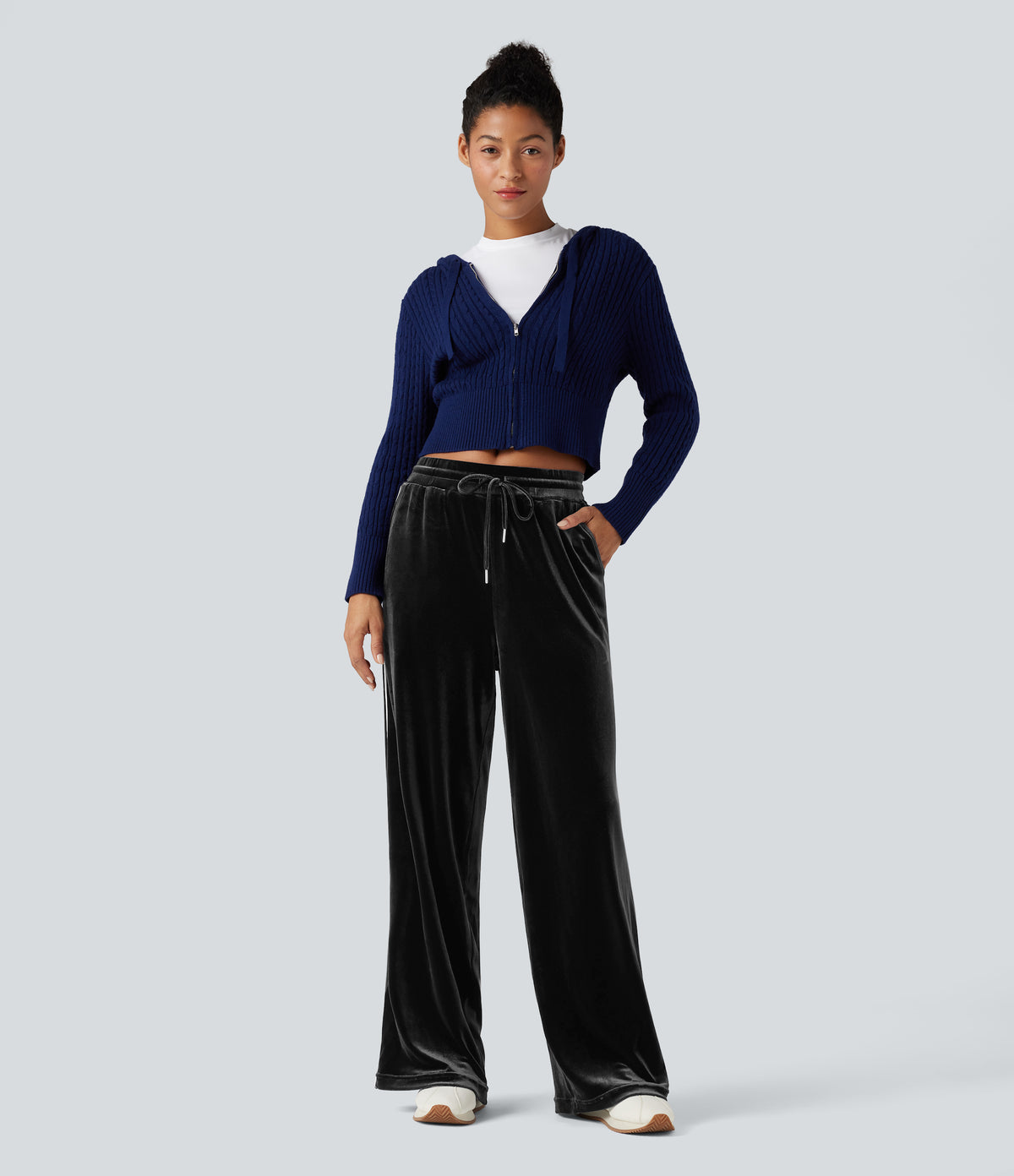 Mid Rise Drawstring Straight Leg Velvet Casual Trousers with Pockets — Black — view 6