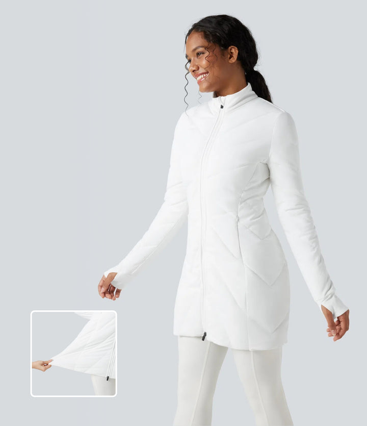 High Collar Double Zip Thumb Holes Casual Quilted Jacket with Pockets — White — view 1