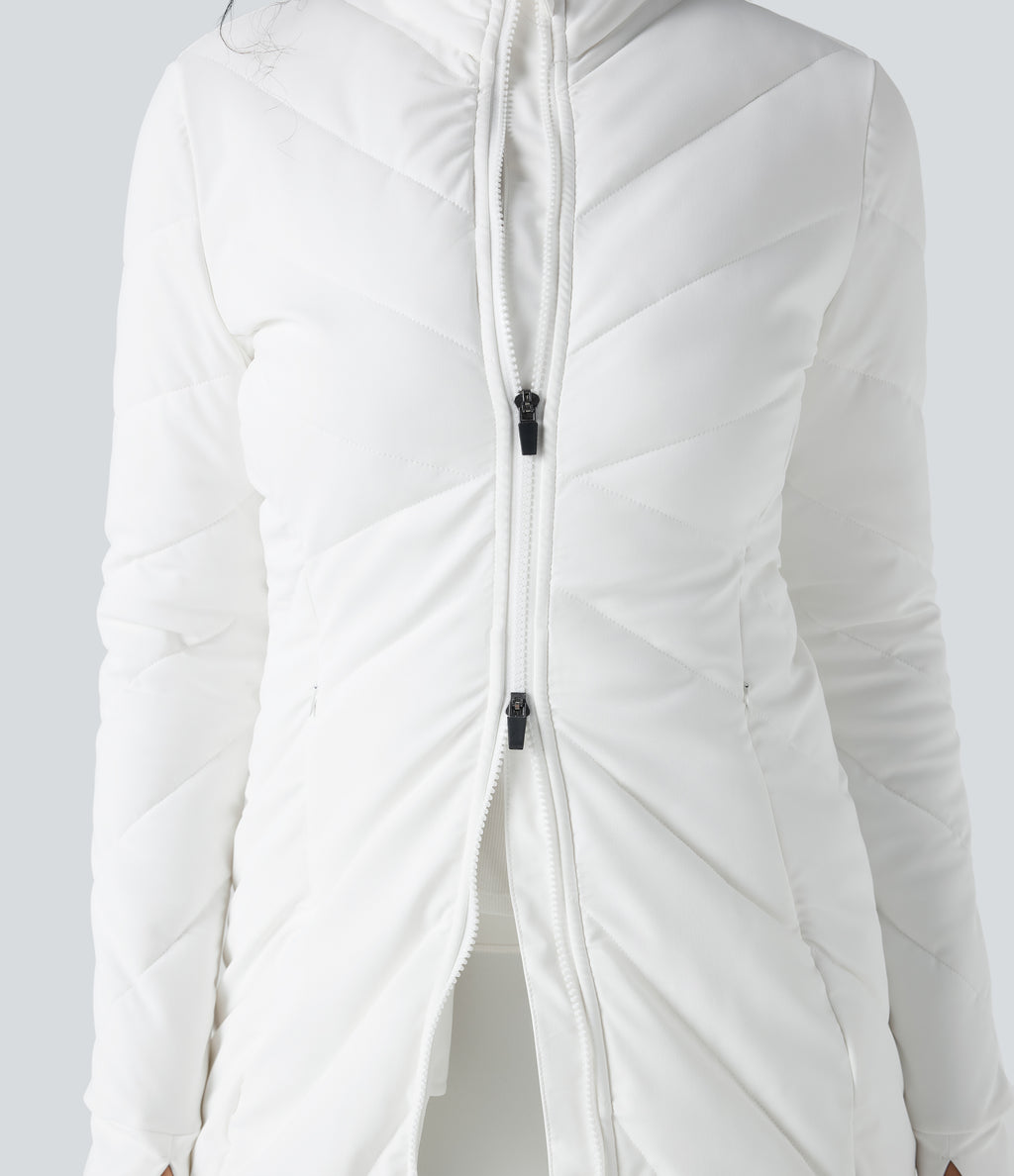 High Collar Double Zip Thumb Holes Casual Quilted Jacket with Pockets — White — view 7