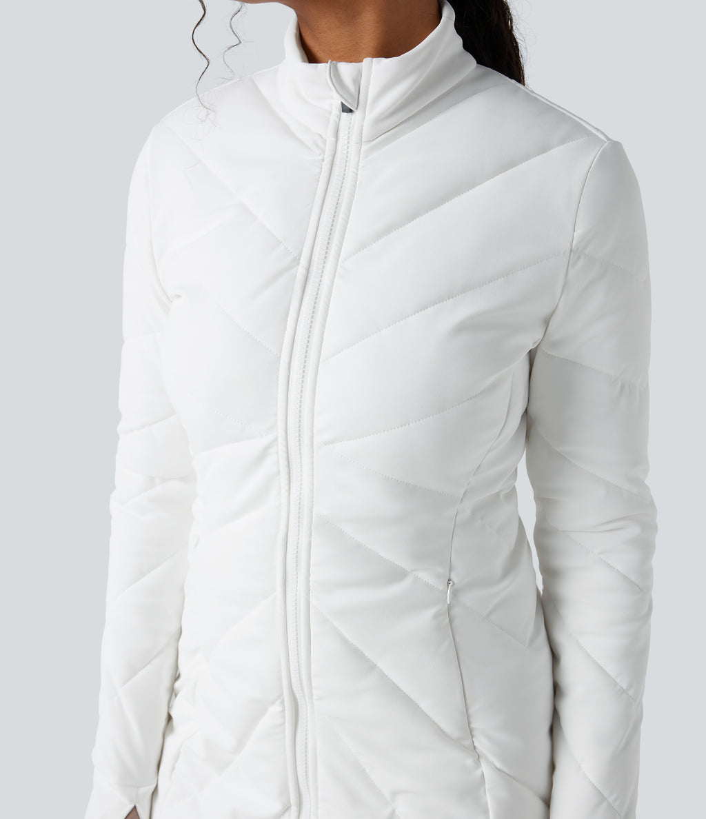 High Collar Double Zip Thumb Holes Casual Quilted Jacket with Pockets — White — view 6