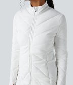 High Collar Double Zip Thumb Holes Casual Quilted Jacket with Pockets — White — view 6