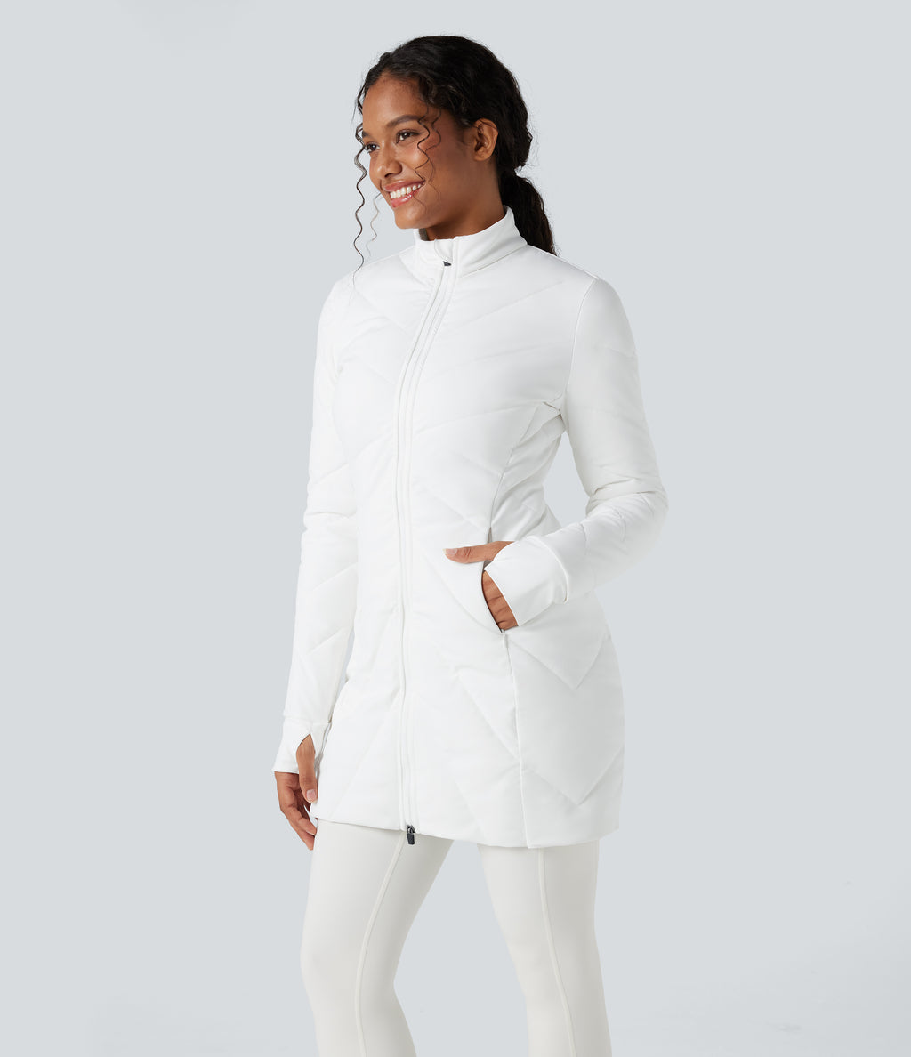 High Collar Double Zip Thumb Holes Casual Quilted Jacket with Pockets — White — view 4