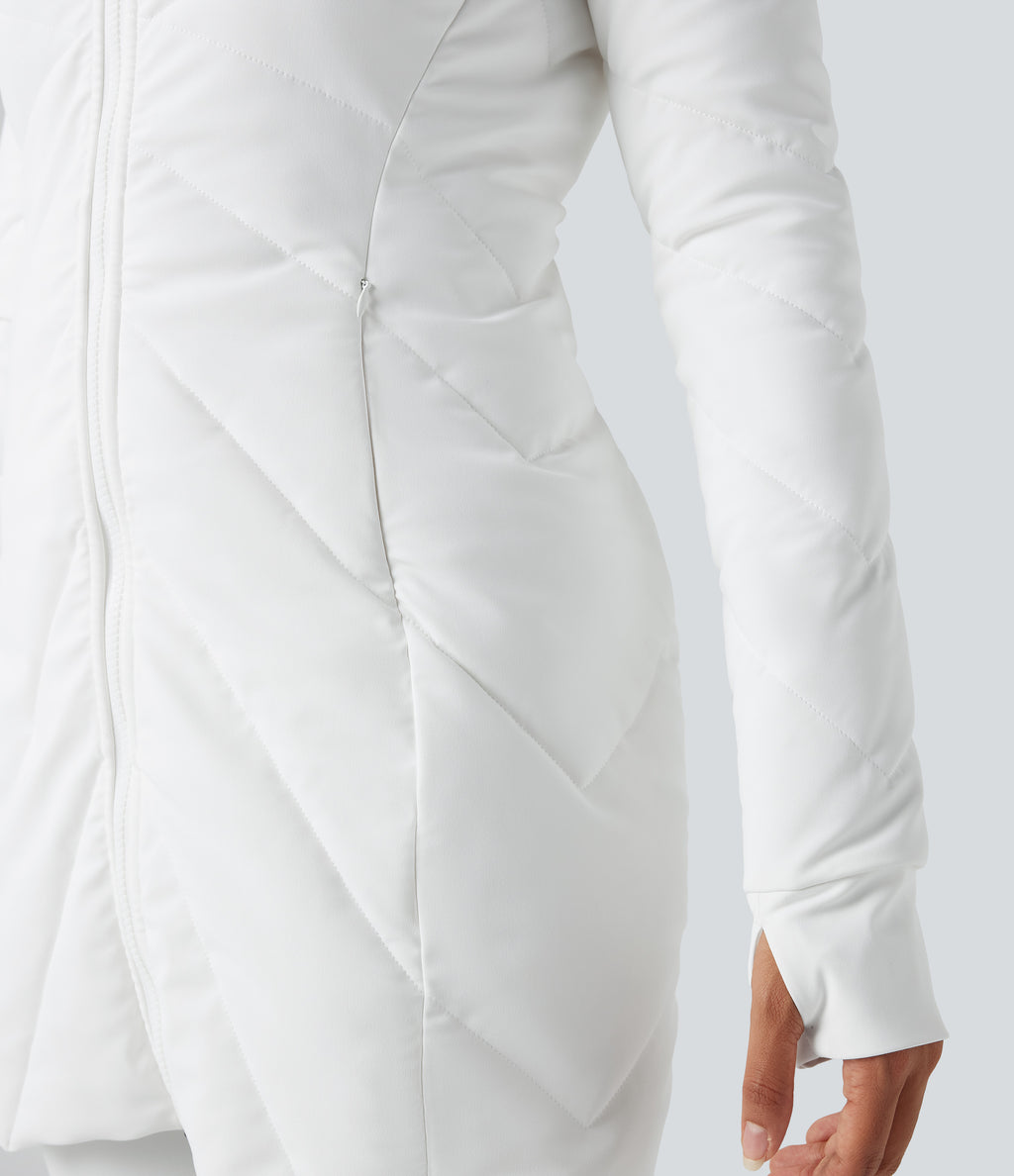 High Collar Double Zip Thumb Holes Casual Quilted Jacket with Pockets — White — view 8