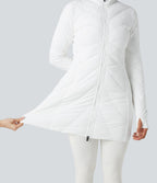 High Collar Double Zip Thumb Holes Casual Quilted Jacket with Pockets — White — view 5
