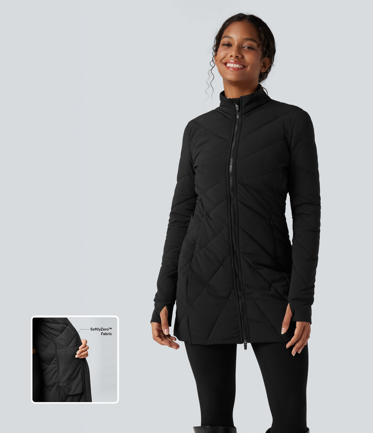 High Collar Double Zip Thumb Holes Casual Quilted Jacket with Pockets — Black — view 9
