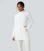 High Collar Double Zip Thumb Holes Casual Quilted Jacket with Pockets — White — view 2