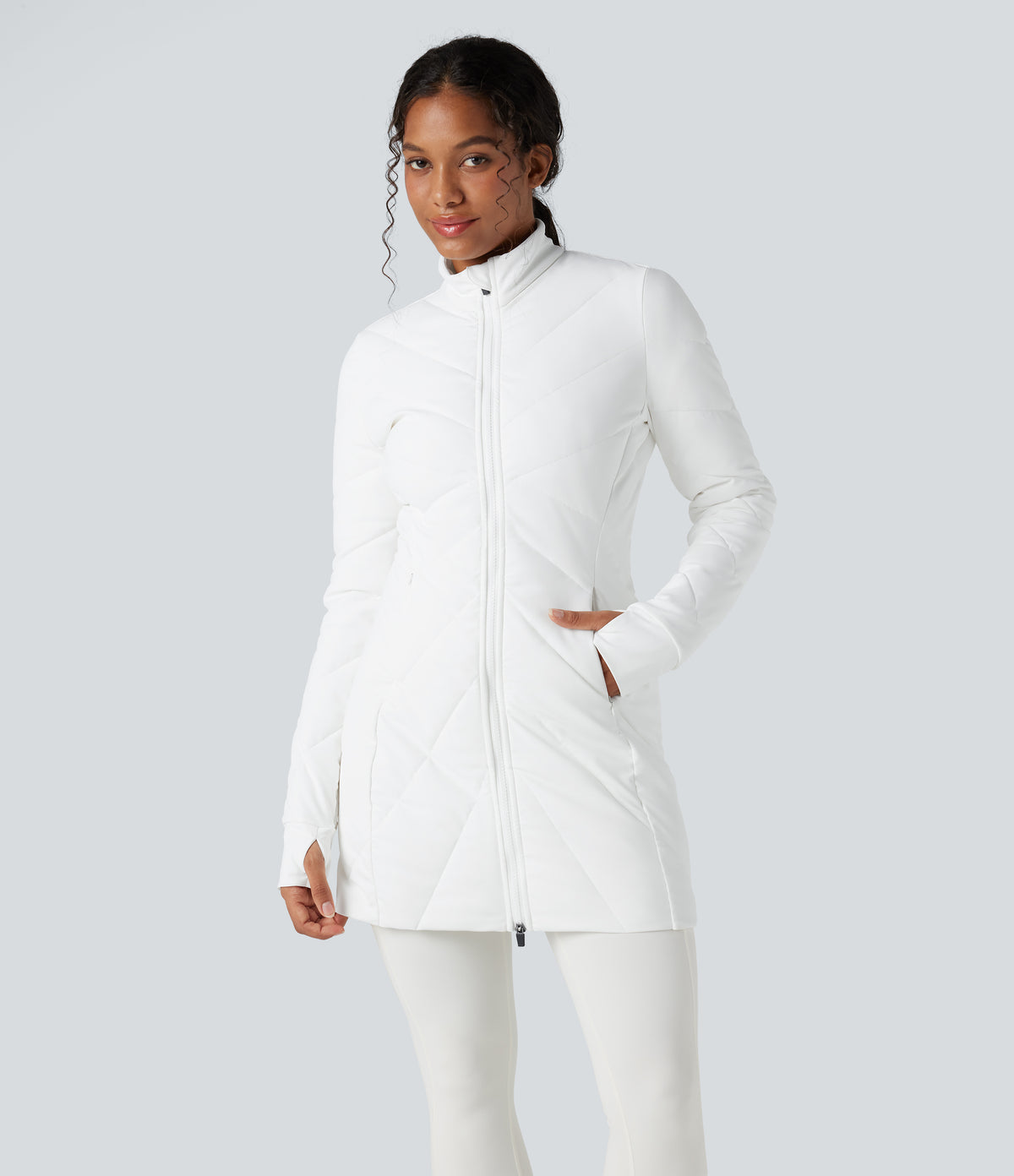 High Collar Double Zip Thumb Holes Casual Quilted Jacket with Pockets — White — view 2