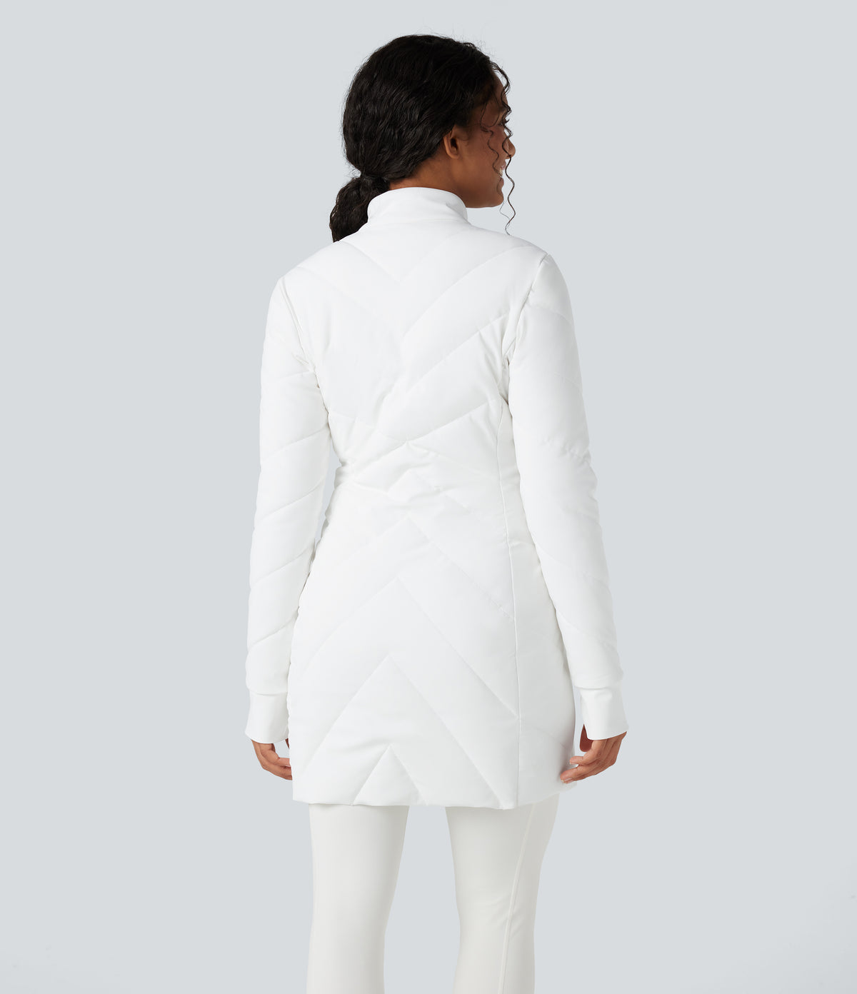High Collar Double Zip Thumb Holes Casual Quilted Jacket with Pockets — White — view 3