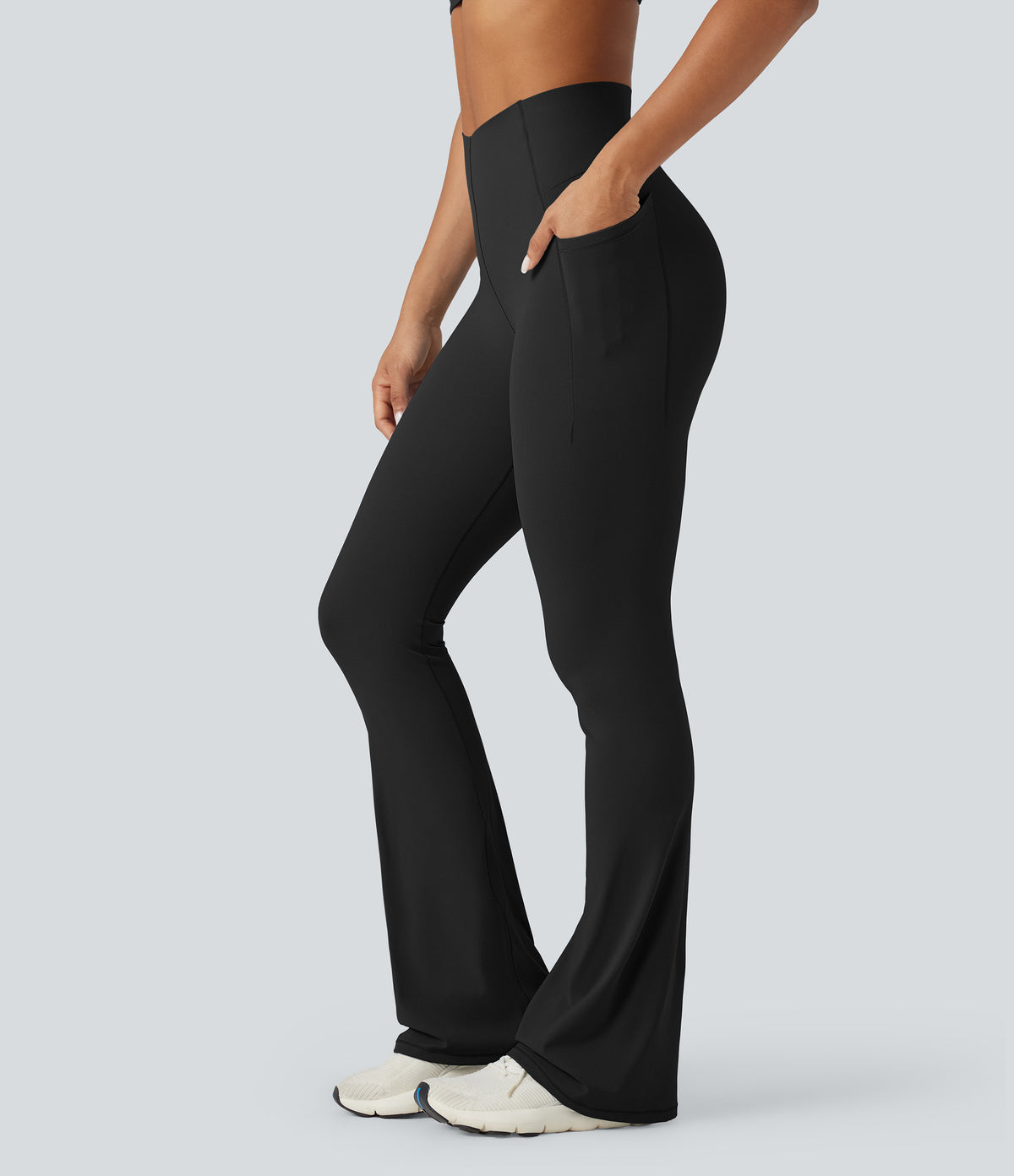 High Waisted Tummy Control Bootcut Training Leggings with Pockets — Black — view 3