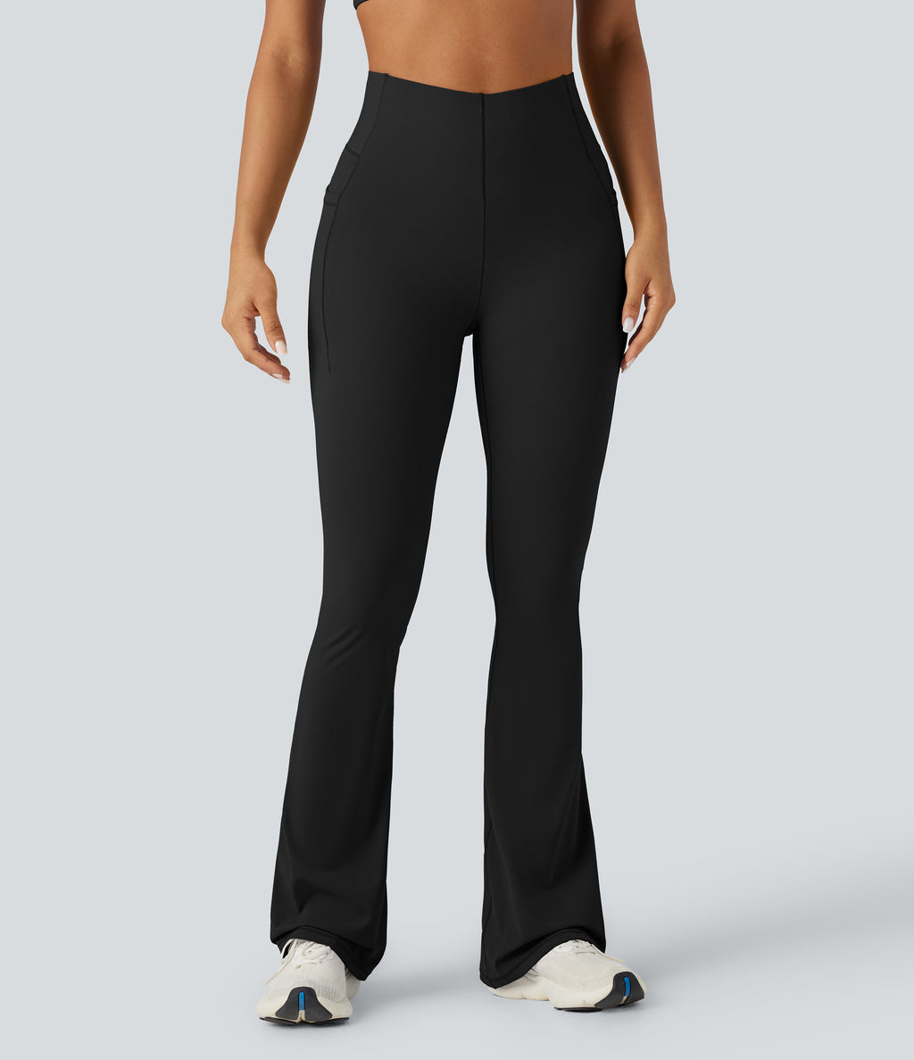 High Waisted Tummy Control Bootcut Training Leggings with Pockets — Black — view 1