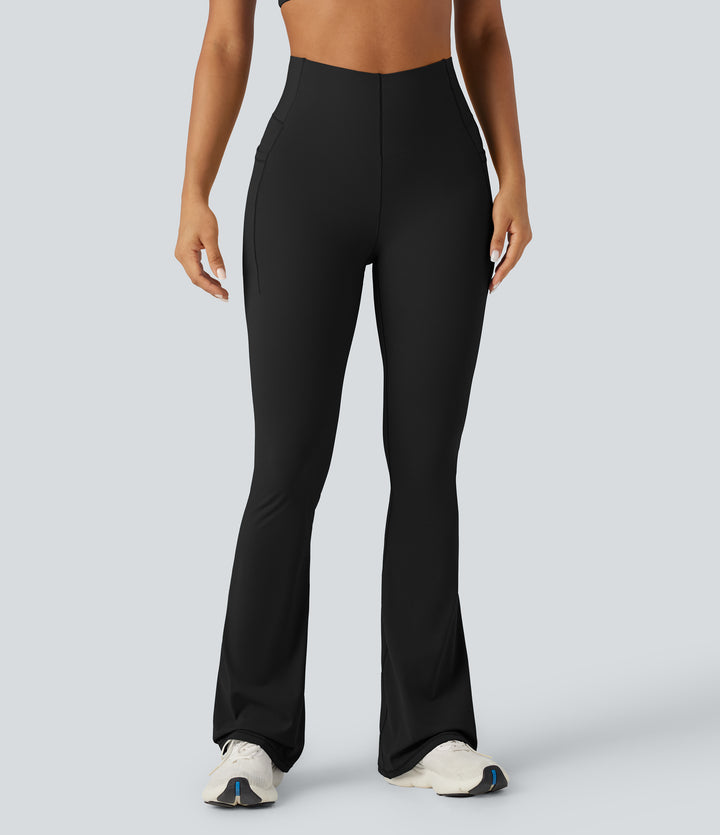 High Waisted Tummy Control Bootcut Training Leggings with Pockets — Black — view 1