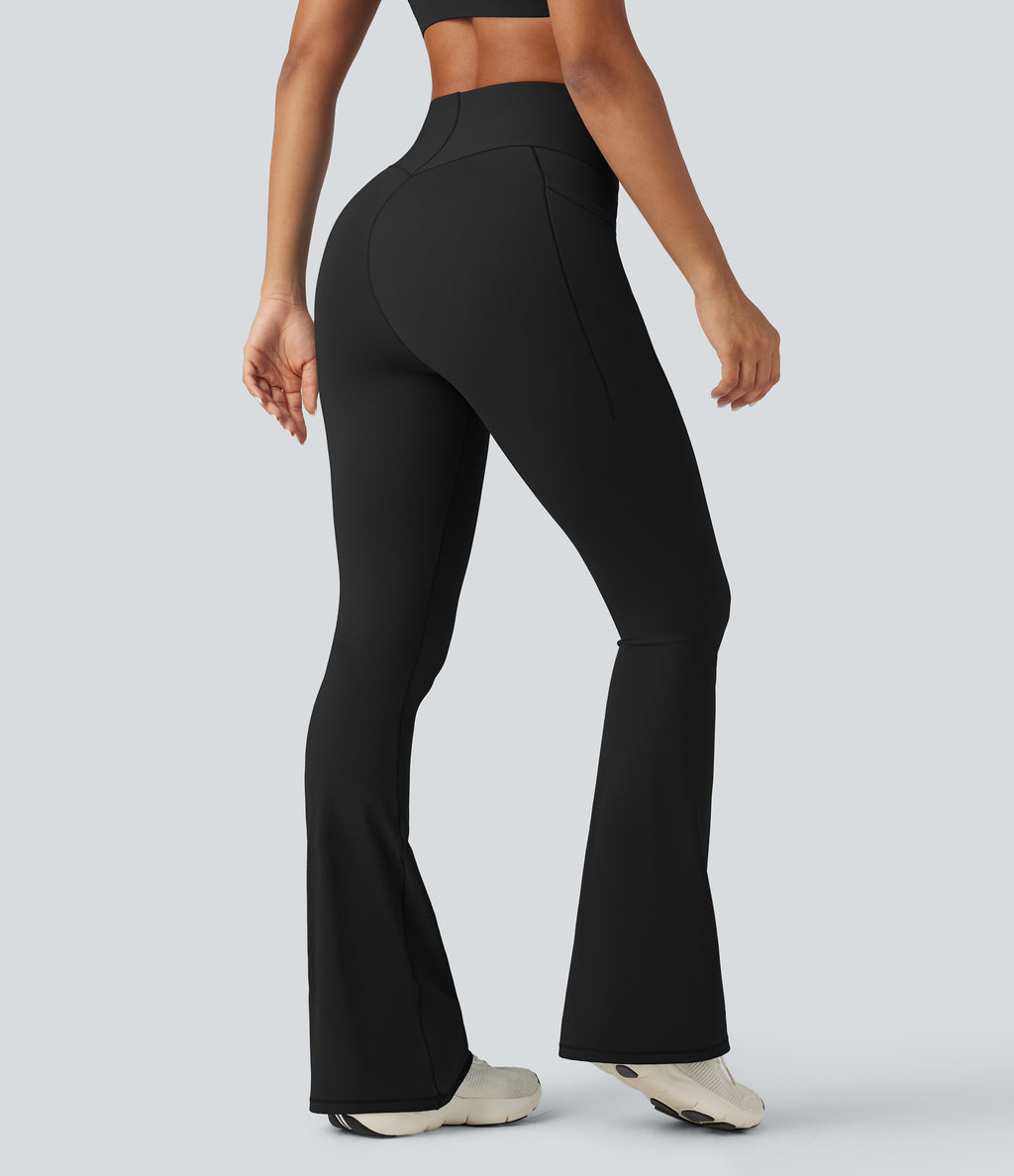 High Waisted Tummy Control Bootcut Training Leggings with Pockets — Black — view 2