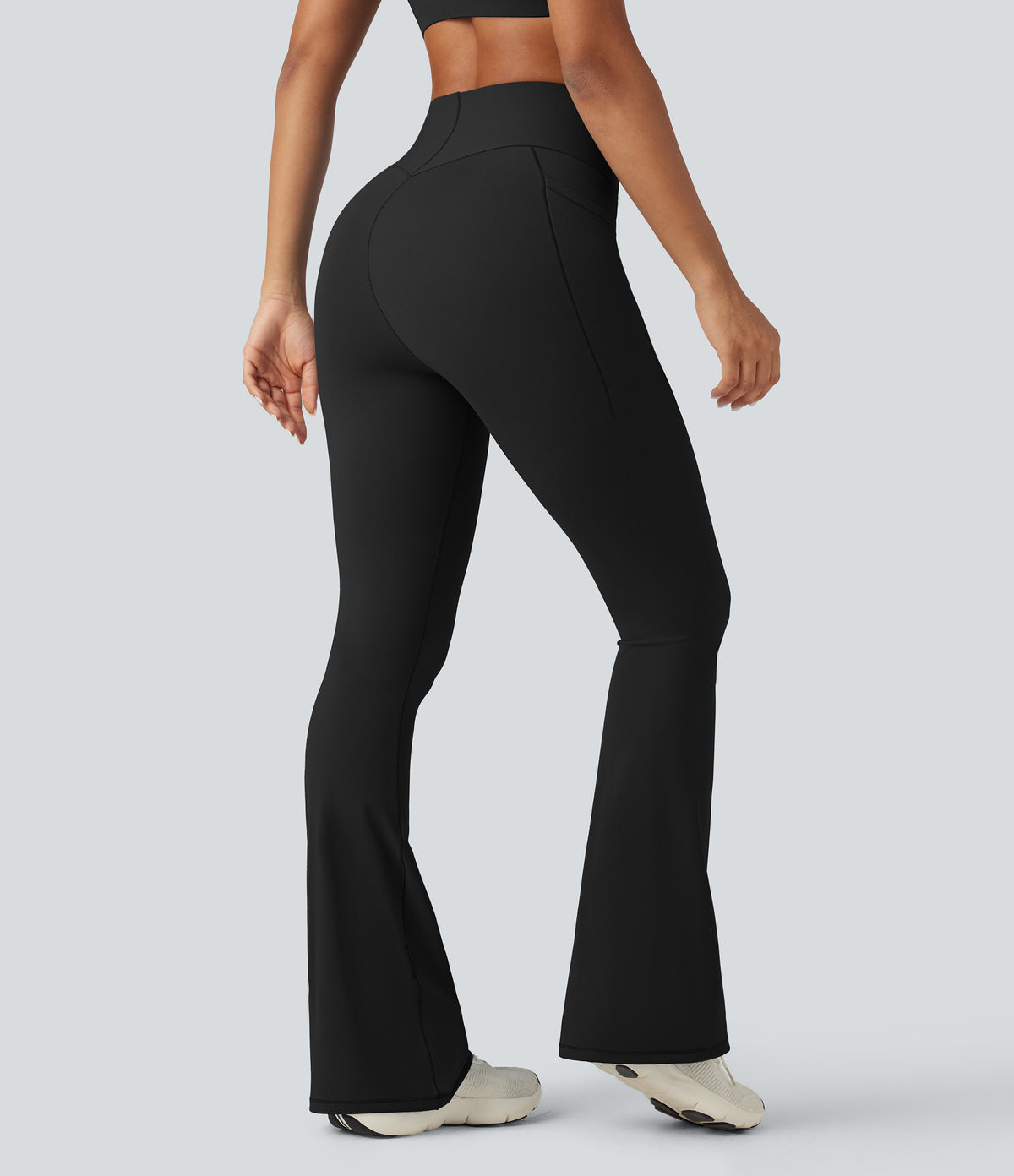 High Waisted Tummy Control Bootcut Training Leggings with Pockets — Black — view 2