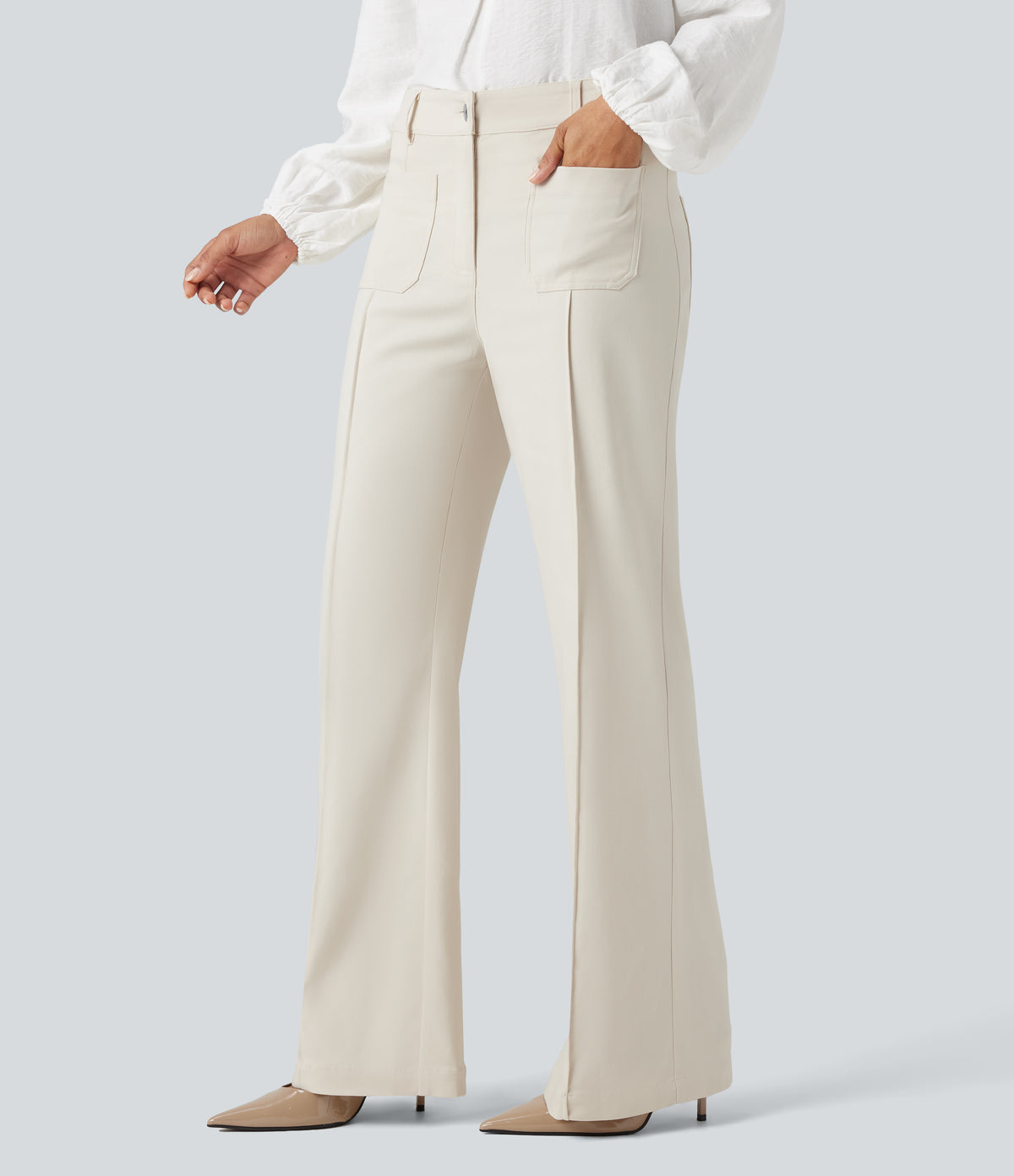 High Waisted Work Flare Trousers with Pockets — Lily White — view 3