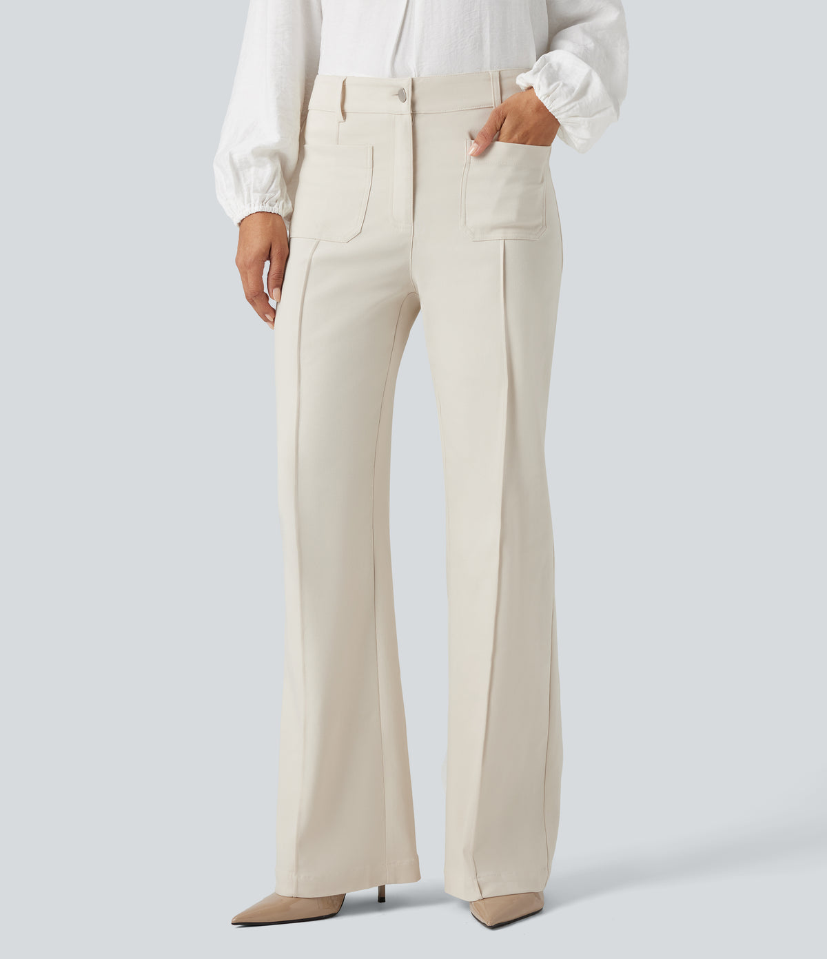 High Waisted Work Flare Trousers with Pockets — Lily White — view 1