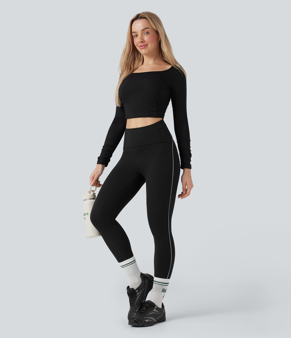 Reflective High Waisted Tummy Control Hiking Leggings with Pockets — Black — view 8