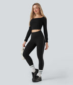 Reflective High Waisted Tummy Control Hiking Leggings with Pockets — Black — view 8