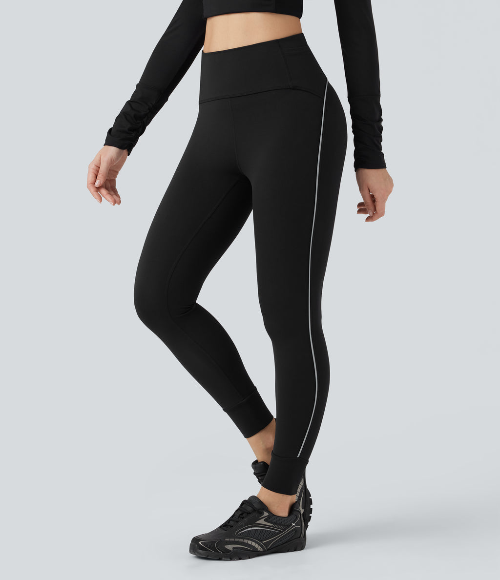 Reflective High Waisted Tummy Control Hiking Leggings with Pockets — Black — view 3
