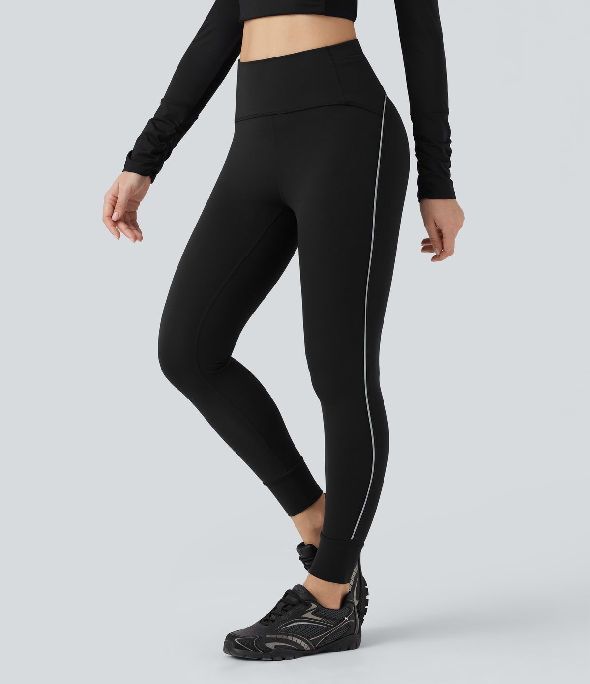 Reflective High Waisted Tummy Control Hiking Leggings with Pockets — Black — view 3