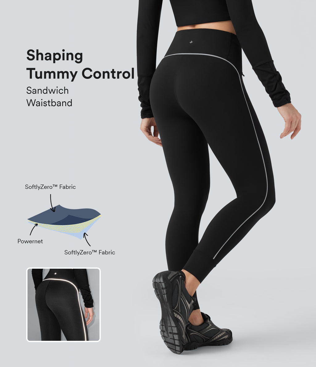 Reflective High Waisted Tummy Control Hiking Leggings with Pockets — Black — view 1