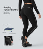 Reflective High Waisted Tummy Control Hiking Leggings with Pockets — Black — view 1